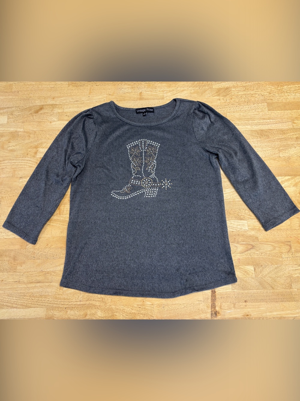 Vintage Rose Charcoal Gray Cowgirl Boot Rhinestone Studded 3/4 Sleeve Top Medium